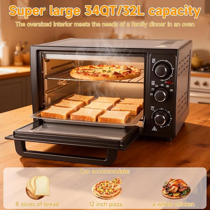 34QT/32L Kitchen Convection Electric Oven, 1500W, Multi-Functional Countertop Toaster Oven with 60-Min Timer, Crispy Roast, Dehydrate, Rotisserie, 6 Accessories Included, Black US Plug