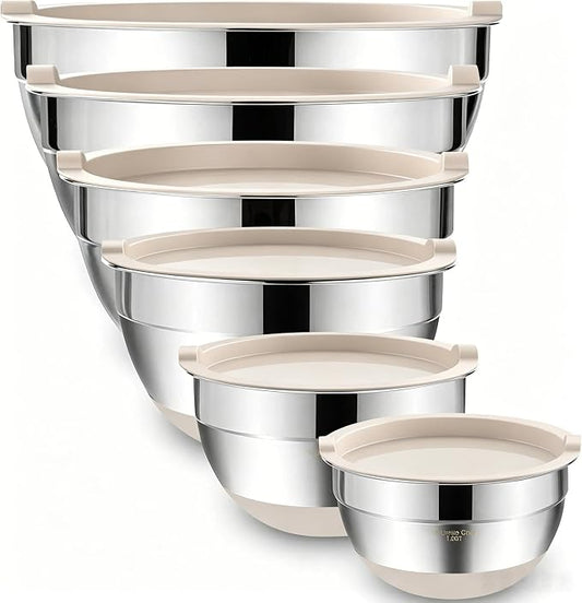 Umite Chef Mixing Bowls with Airtight Lids, 6 piece Stainless Steel Metal Nesting Storage Bowls, Non-Slip Bottoms Size 7, 3.5, 2.5, 2.0,1.5, 1QT, Great for Mixing & Serving (Khaki)