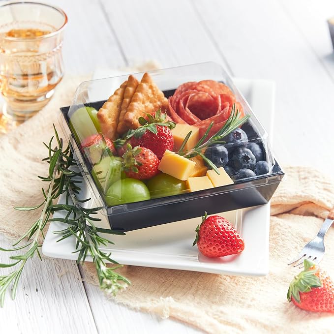 ZORRITA Paper Charcuterie Boxes with Clear Lids, 50 Pack, 5 Inch, Black | Square To Go Dessert Containers, Small Bakery Boxes, For Cake, Cookies, Sandwich, Strawberries
