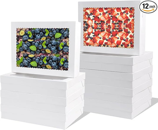 12pcs 19x14x4 inch Cake Boxes with Window，White Rectangle Sheet Large Bakery Boxes for Pastry Dessert Cake, Cupcakes Donuts Cookies Pie Treat Packaging