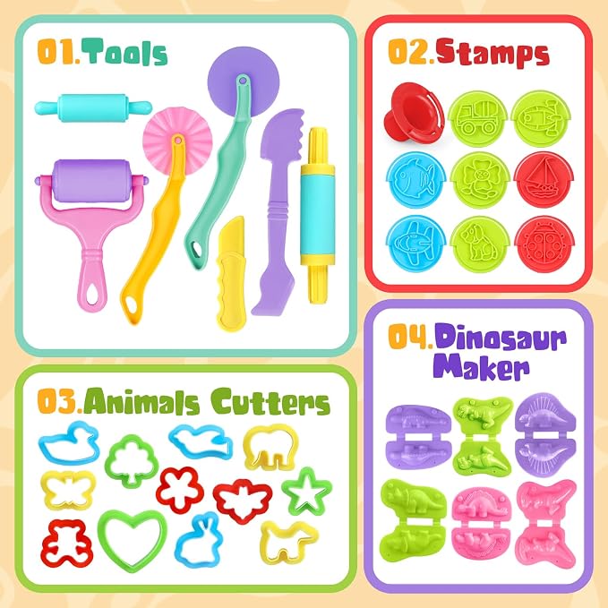 Dough Tools Set, 34 Pcs Dough and Clay Accessories with Stamp, Cutters, Dino Maker, Animals Molds, Rolling Pins, Modeling Clay Play Tools Kit for Boys Girls
