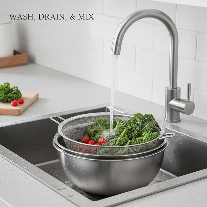 Stainless Steel Mixing Bowl Set with Nested Strainer for Washing, Draining, and Food Prep