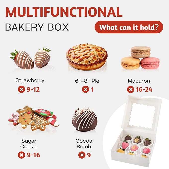 ZORRITA Pie Boxes with Window, 8" x 8" x 2.5", 20 Pack, White | Auto Pop-up, Bakery Boxes, For Chocolate Covered Strawberry, Cookies, Treats, Pastry, Donuts, Muffins