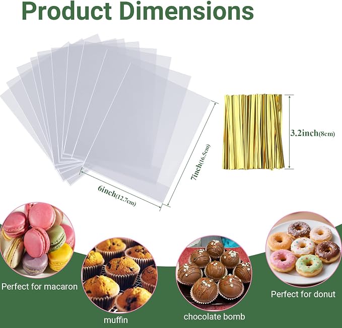 ROSPAKTEK 100 Pcs 6"x7"x2.4" Cellophane Muffin Bags with Gold Twist Ties – Commercial-Grade Flat-Bottom Design for Cupcakes, Cookies & Pastries (Fits Macarons/Chocolates/Strawberries) – Reusable