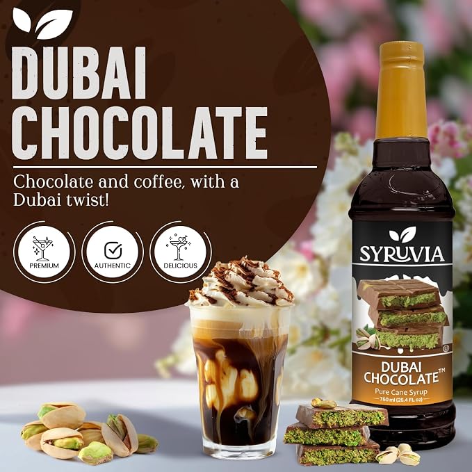 Syruvia Coffee Syrup, Dubai Chocolate Flavored Syrup for Drinks, Lattes, and Desserts – 25.4 fl oz - with Pump