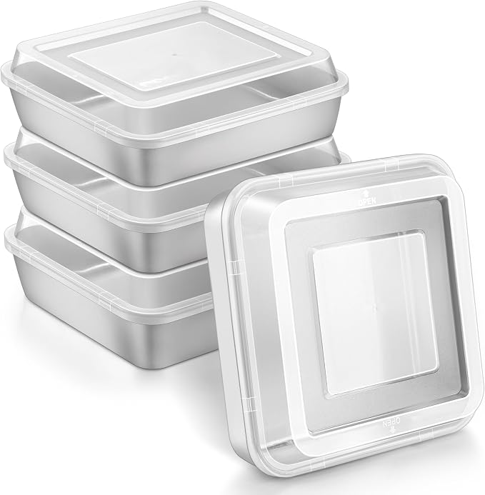 Herogo Baking Pan with Lid (4 Pans + 4 Lids), 9''x 9'' Stainless Steel Nonstick Square Deep Cake Pan, Rectangle Cakes Bakeware for Brownies Casseroles, Non Toxic & Dishwasher Safe, Set of 4