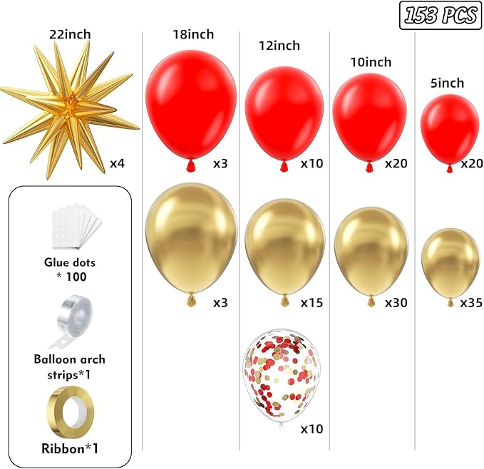 153Pcs Red and Gold Balloons Garland Arch Kit with Stars - 22 18 12 10 5 inch Different Size Red Metallic Gold Confetti Latex Balloon for Birthday Valentine's Day Wedding Party Decorations