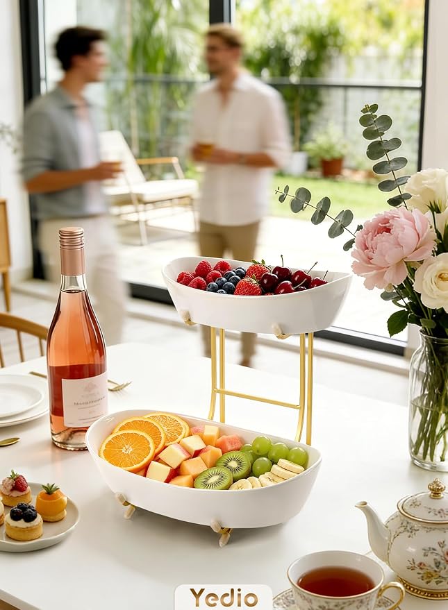 2 Tier Ceramic Fruit Bowl for Kitchen Counter, Elegant Gold Fruit Basket for Countertop, Small & Cute White Porcelain Tiered Serving Tray for Party, Modern Centerpiece for Snack, Candy & Nut