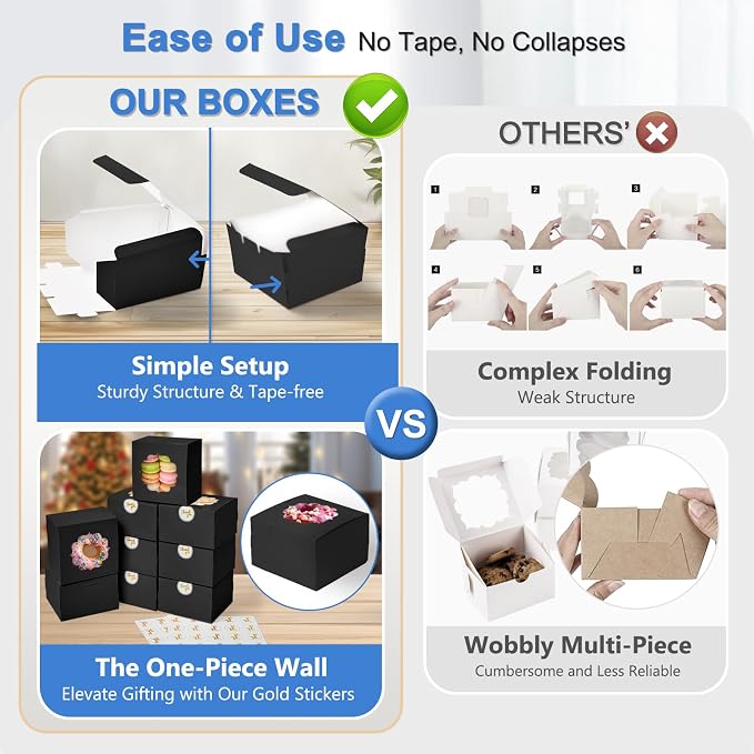 Shallive 4-Inch Small Cookie Boxes 50 Pcs Black - Bakery Treat Boxes with Window for Graduation Gifting, To-go Tins for Cake Slice, Macarons, Donuts 4x4x2.5 Inch