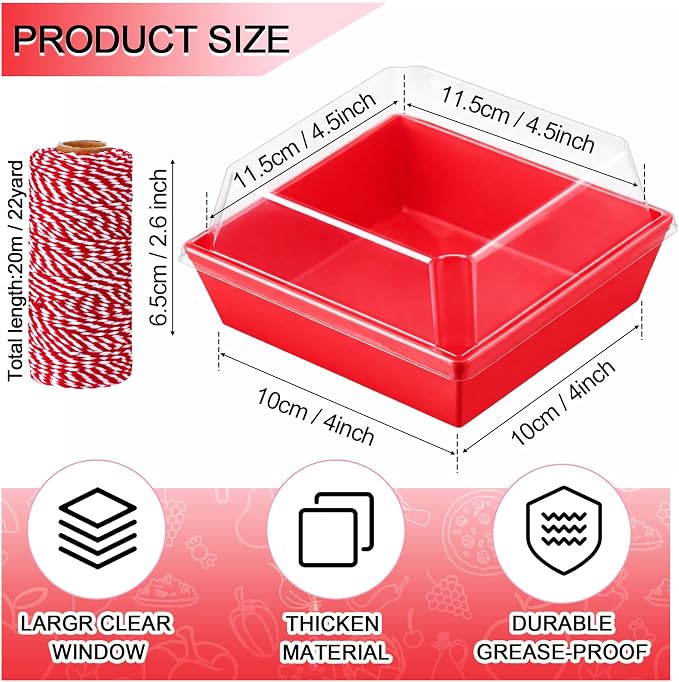 Jetec 150 Pack Charcuterie Boxes with Clear Lids and Rope 4 Inches Cake Disposable Square Dessert Food Box Containers with Lids for Bakery Macaron Cookies Strawberries Fruits Display (Red)