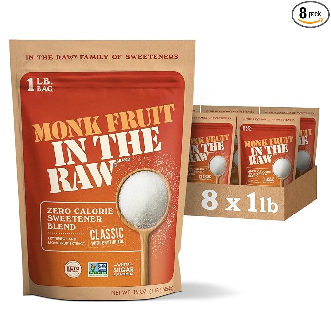 Monk Fruit In The Raw Sweetener Baker's Bag, 16 oz., 8 Pack, Keto Certified Monk Fruit Sweetener, Zero Calories, Zero Net Carbs, Non-GMO Project Verified