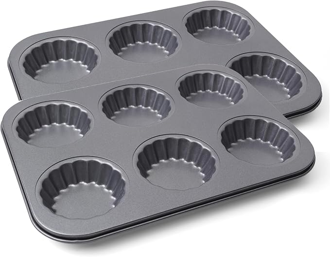 2 Pack Mini Tart Pan, 2.75" Egg Tart Molds 6-Cavity Non Stick Fluted Mini Tart Mould, Reusable Quiche Bakeware Carbon Steel for Pies, Quiche, Cheese Cakes, Desserts(Not Included Cutting Mold)