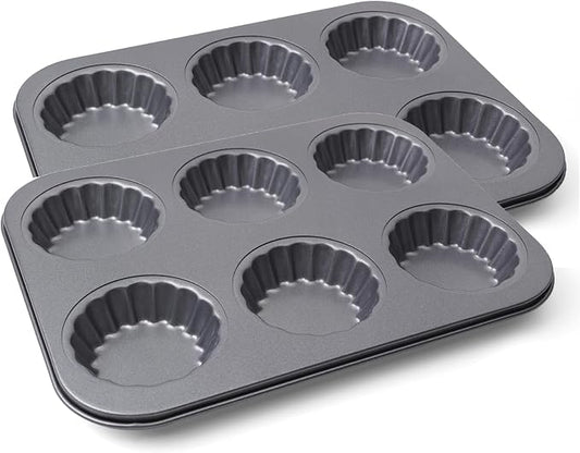 2 Pack Mini Tart Pan, 2.75" Egg Tart Molds 6-Cavity Non Stick Fluted Mini Tart Mould, Reusable Quiche Bakeware Carbon Steel for Pies, Quiche, Cheese Cakes, Desserts(Not Included Cutting Mold)