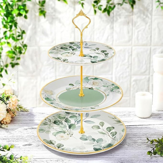 Lallisa 3 Tier Greenery Dessert Stand 10", 9" and 7" Ceramic Sage Green Eucalyptus Tiered Serving Tray with Gold Rack, Round Cupcake Display Tower for Wedding Baby Bridal Shower Tea Party Decoration