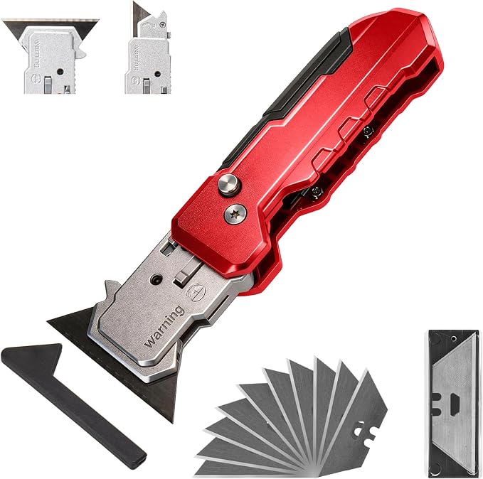 KeFanta Utility Knife Scraper, 2-in-1 Folding Razor Blade Scraper tool with 10PCS SK5 Extra Blades for Home Office, Heavy Duty Zinc Alloy Body, Built-In Blade Storage