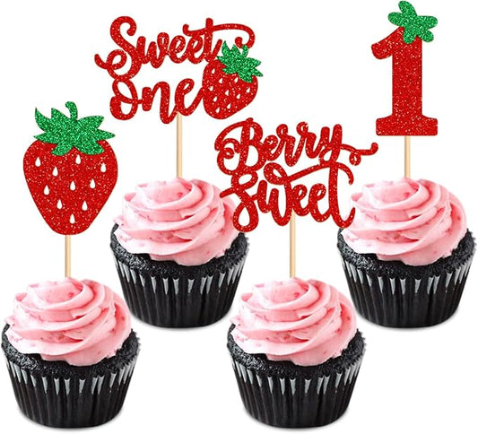 24pcs Glitter Red Strawberry Sweet One Cupcake Toppers Berry Sweet Strawberry Cupcake Picks for Kids Berry First Birthday 1st Wedding Anniversay Baby Shower Party Decoration Supplies