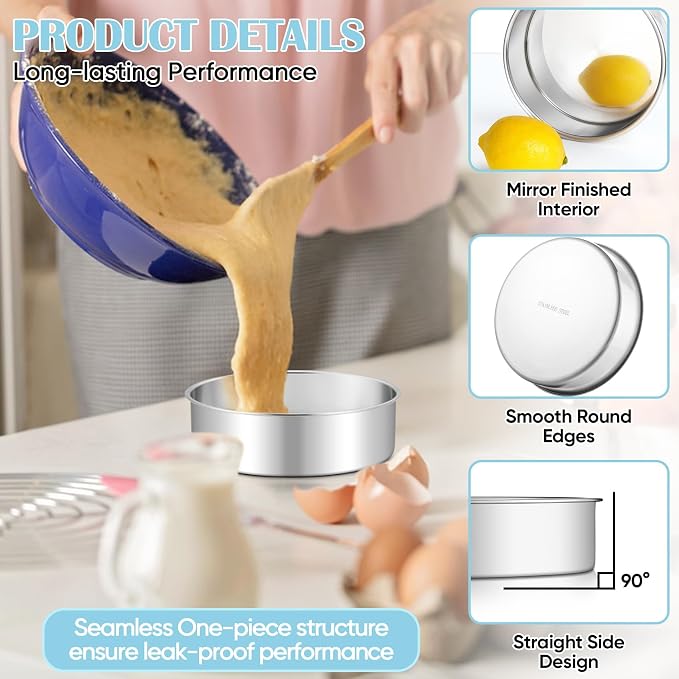 TeamFar 6 Inch Cake Pan, 6 Pcs Cake Pan Set Round Baking Pan Stainless Steel for Baking Steaming Serving, Fit in Oven Pressure Cooker Air Fryer, Healthy & Heavy Duty, Easy Clean & Dishwasher Safe