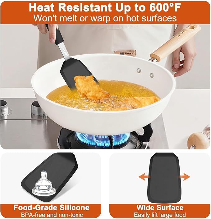 Silicone Spatula, 13 x 3.2 In, 600°F Heat Resistant (Black) | Flexible Turner, BPA Free, Non Scratch for Non Stick Frying Pan, Kitchen Cooking, Flipping, Dishwasher Safe
