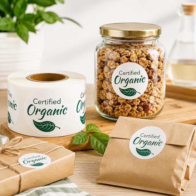 Organic Stickers 500PCS, 1 Inch Round Labels, Certified Organic Labels Roll, Food Packaging Stickers for Jars, Bakery, Homemade Products, Business Packaging Supplies