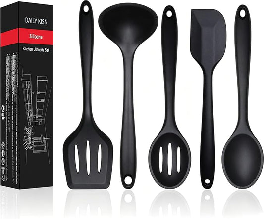 Silicone Kitchen Utensils Set, 5 PCS Heat Resistant Non Stick Cooking Tools, Silicone Spatula/Turner/Serving Spoon/Soup Ladle/Slotted Spoon, for Home and Camping