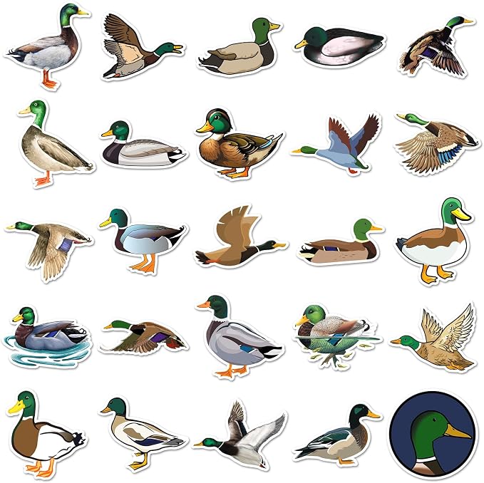 Duck Hunting Stickers, 50Pcs Wild Mallard Duck Decals Cute Waterfowl Bird Stickers for Water Bottle Laptop Skateboard Luggage Tumbler Scrapbook Gifts for Duck Lovers Teens Adults