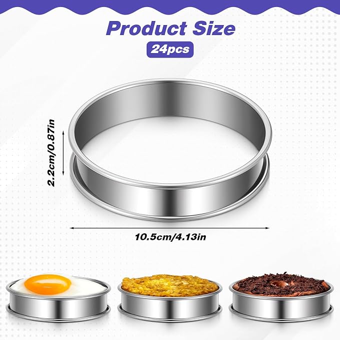 SHENLIU 24 Pack 4 Inch English Muffin Rings, Stainless Steel Nonstick Metal Round Crumpet Rings Silver Double Rolled Tart Ring Molds for Cookie Cooking Baking