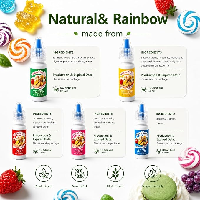 Natural Food Coloring Liquid Set – FD&C & Artificial Dye Free, 5 Color Edible Colorant for Baking, Cake Decorating, Frosting, Drinks, Crafts, Red/Pink/Green/Blue/Yellow, 6ml Each, Non-GMO, Gluten-Free