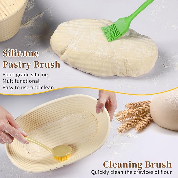 Banneton Bread Proofing Basket Set, 11 Inch Sourdough Proofing Basket and Bread Baking Supplies-Bread Lame, Danish Whisk, Bowl & Dough Scraper, Brush, (Rattan, 10in Round +10in Oval+1 Set Jar Kit)