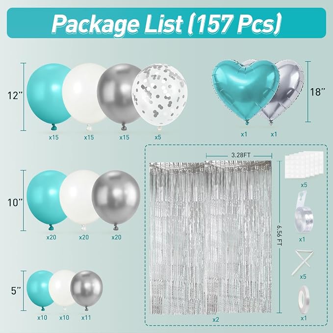 157PCS Teal Blue Silver White Balloons Garland Arch Kit with Silver Fringe Curtain for Boys Christening Birthday Bridal Baby Shower Engagement Wedding Party Decorations