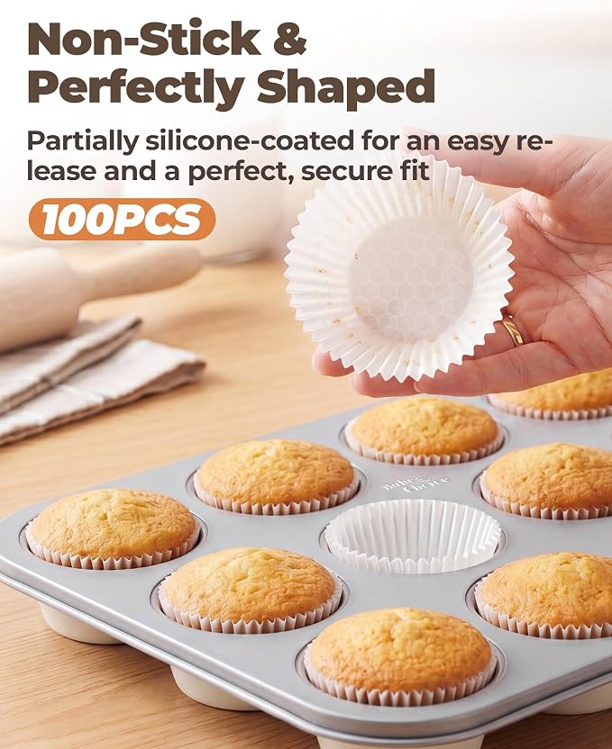 Bake Choice Muffin Pan for Baking, Standard Cupcake Pan includes 100 White Cupcake Liners, Muffin Tin Nonstick 12 Cup, Baking Pans Set,Carbon Steel Baking Supplies, Cream Gray