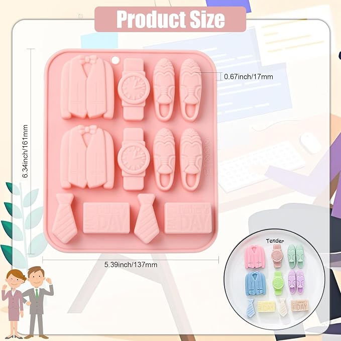 Ipotkitt 2pcs Pink Father's Day Themed Silicone Candy Molds Father Dad Love Suit Watch Gummy Molds for Jelly Fondant Chocolate Candy Mousse Ice Cake DIY Crafts