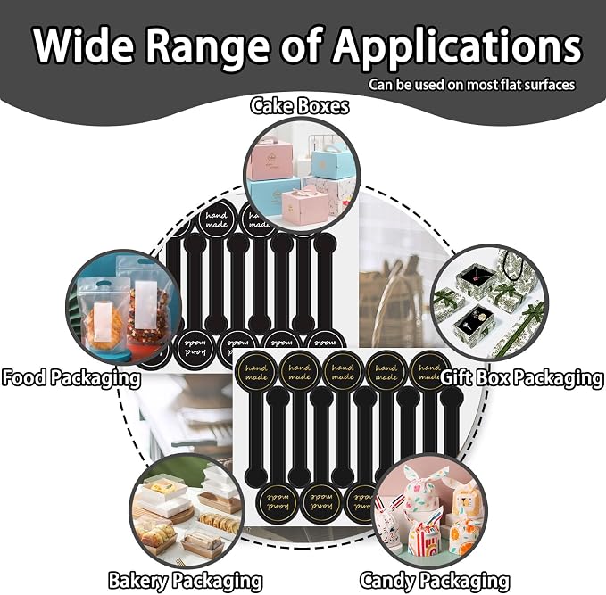 500pcs Handmade Food Baking Seal Stickers, Black Foil Self Adhesive Bakery Stickers, 3.9in Long Strip Tamper-Proof Packaging Sealing Labels for Lollipop Cake Cookie Bread