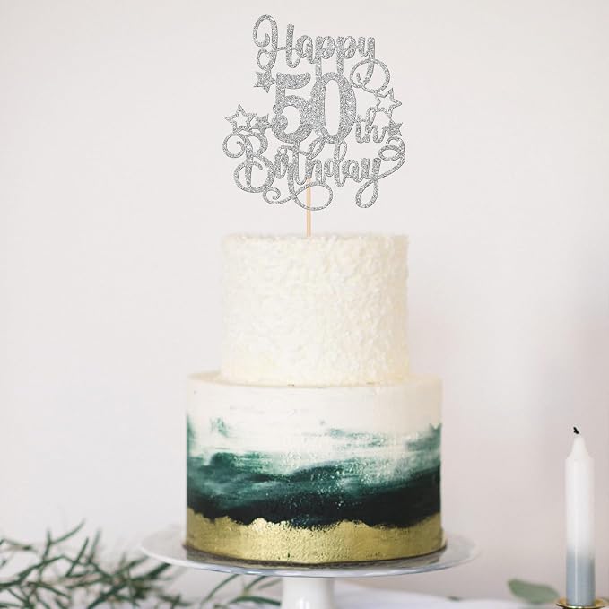 1 PCS Happy 50th Birthday Cake Topper Glitter Cheers to 50 Years Birthday Cake Pick Hello 50 Fabulous Cake Decoration for Happy 50th Birthday Anniversary Party Decorations Supplies Silver
