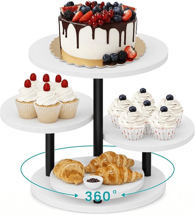 ELITEROO 4 Tiered Wooden Cupcake Stand, Round cake and cupcake stand combo with serving Tray, 360°Rotating Dessert Tower for Pie Table Display Rack for Wedding Birthday Baby Shower Tea Party, White