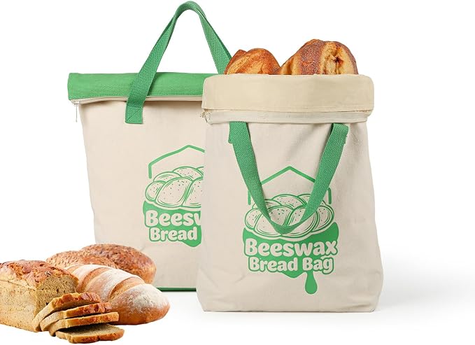 Beeswax Bread Bag 14"x17" Sourdough Bread Storage, Reusable Linen Bags with Wide Zipper & Double-Sided Print, Freezer Safe for Homemade Artisan Loaves