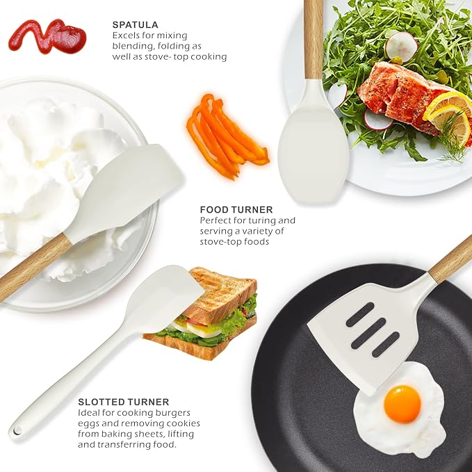 oannao Silicone Cooking Utensils Set - 446°F Heat Resistant Silicone Kitchen Utensils for Cooking,Kitchen Utensil Spatula Set w Wooden Handles and Holder for Non-Stick Cookware (Cream White)