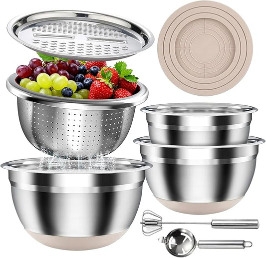 Stainless Steel Mixing Bowls Set with Lids & Silicone Base - 7-Piece Kitchen Gadgets Includes Colander, Grater, Egg Separator, Whisk - Nesting Bowls (1.5, 2, 2.5, 4.5 QT), Dishwasher Safe, Khaki