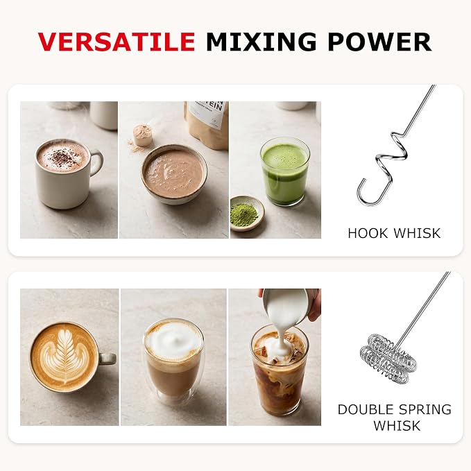 Bonsenkitchen Rechargeable Milk Frother with Stand, 3-Speed Handheld Coffee Frother, Dual Spring Whisk Electric Hand Frother Wand Drink Mixer for Lattes Cappuccino Protein, Kitchen Gifts
