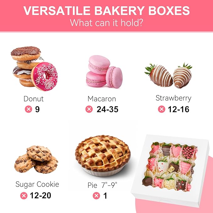 Kucoele Pie Boxes, 9 x 9 x 2.5 Inches, 20 PCS, White | Auto-Popup, with Window, Bakery Boxes, Cookie Boxes, Treat Boxes, For Chocolate Strawberries, Pastries, Muffins, Donuts
