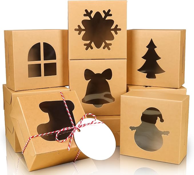 COTOPHER 18Pcs Christmas Cookie Boxes with Window, 4x4x2.5 inch Kraft Brown Bakery Boxes for Gift Giving, Mini Cake Boxes for Treat Donuts Chocolate Strawberries Pastries Muffins