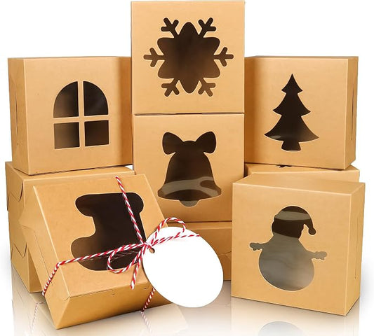 COTOPHER 18Pcs Christmas Cookie Boxes with Window, 4x4x2.5 inch Kraft Brown Bakery Boxes for Gift Giving, Mini Cake Boxes for Treat Donuts Chocolate Strawberries Pastries Muffins