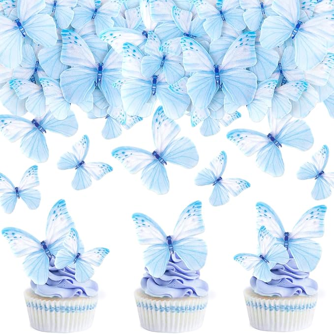 60Pcs Edible Butterfly Cupcake Toppers Blue Butterflies Cupcake Picks Drink Toppers for Butterfly Theme Baby Shower Girls Boys Birthday Party Birdal Shower Engagement Wedding Party Decorations