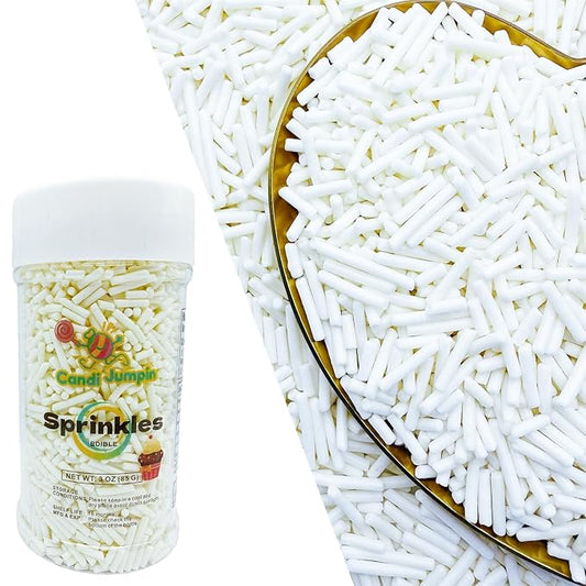 CandiJumpin White Jimmy Sprinkles, White Sprinkles for Cake Decorating Edible Cake Jimmies Edible Crunchy Jimmies Ice Cream Toppings, Baby Shower Party Wedding Christmas Supplies 3 OZ