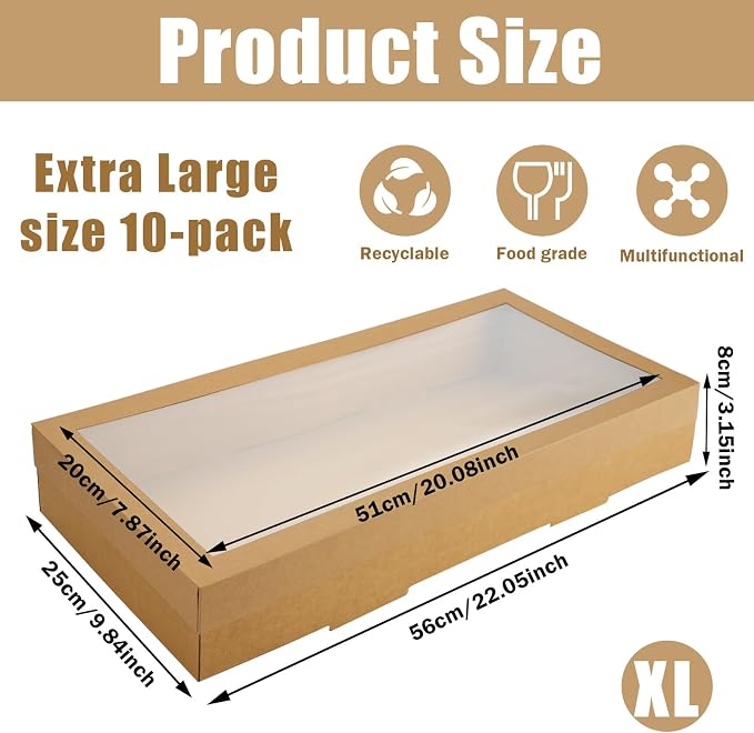 10 Pack Large Bakery Boxes with Window, 22x9.8x3.15 Inch Cookie Boxes, Cardboard Pastry Boxes, Brown Treat Box for Gift Giving, Baking Pies, Cakes, Muffins and Desserts (XL)