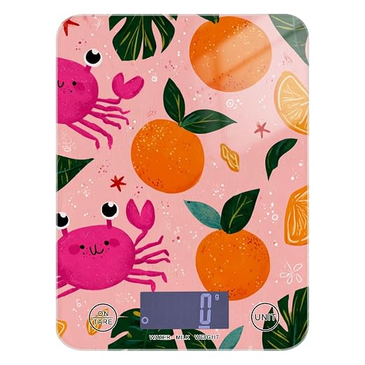 Food Scale Kitchen Digital Scale Food Ounces and Grams Dieting Baking Cooking Waterproof Glass Panels LCD Display,4 Units Scale Tare Function Pink Fruit Orange Crabs