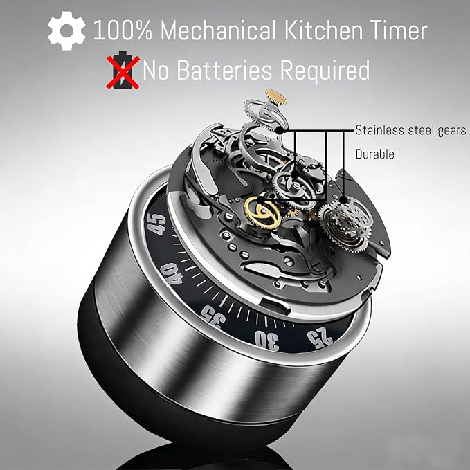 Mechanical Kitchen Timer, 60 Minute Wind Up Magnetic Visual Cooking Timer with Loud Alarm, Stainless Steel No Batteries Countdown Timer for Kitchen Cooking, Classroom, Office, Chef, Teacher (Black)