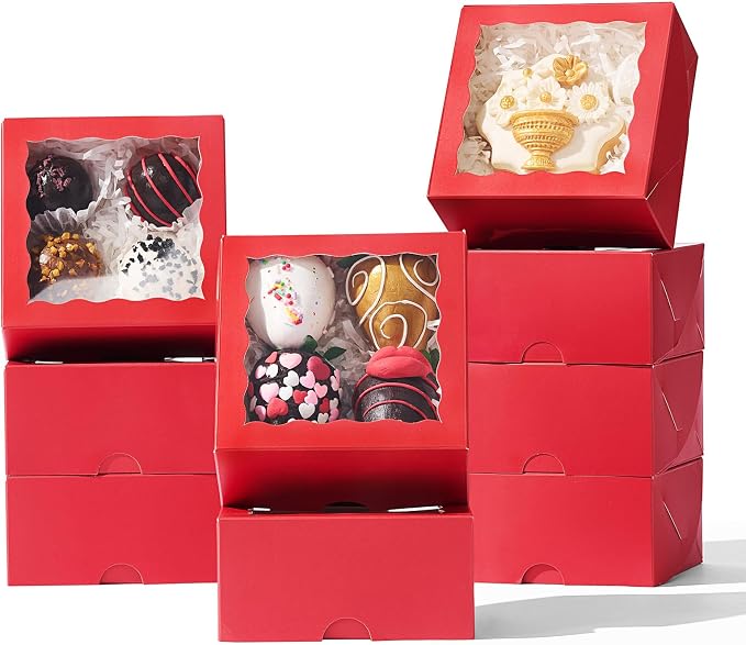 50 Pack 4x4x2 inches Red Bakery Boxes with Window - Macaron Cookie Chocolate Truffle Strawberry & Mini Cake Gift Boxes for Valentine's Parties Birthdays Wedding, Christmas Favors