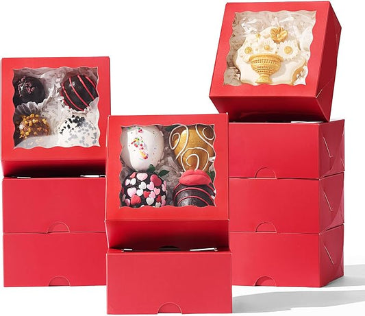 50 Pack 4x4x2 inches Red Bakery Boxes with Window - Macaron Cookie Chocolate Truffle Strawberry & Mini Cake Gift Boxes for Valentine's Parties Birthdays Wedding, Christmas Favors