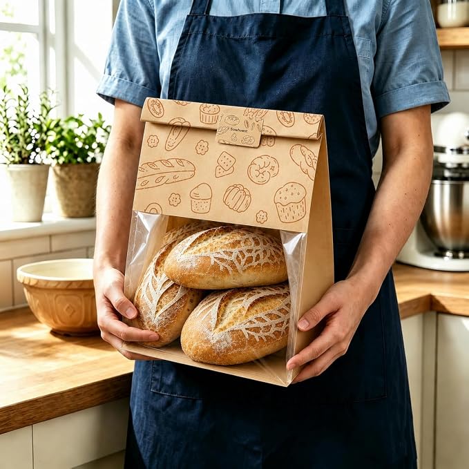Extra Large Bread Bags for Homemade, 50 Count, 50% Thicker Sourdough Paper With Ties, 15.7 * 10.2 * 5.1 in, Tin Tie Tab Lock Bakery Bags With Window and Sealing Stickers for Storage Packaging Gifting