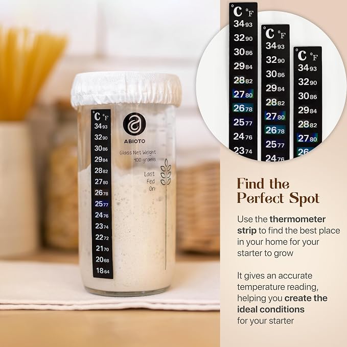 ABIOTO Sourdough Starter Kit, Includes 24 oz Sourdough Starter Jar with Metallic Lid, Silicone Spatula, Feeding Tracker, Extra Thermometer Strips & Breathable Covers - Sourdough Bread Starter Kit